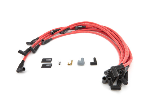 Spark Plug Wire Set - High Performance - Spiral Core - 10 mm - Red - 90 Degree Plug Boots - HEI Style - Under Headers - Big Block Chevy - Kit