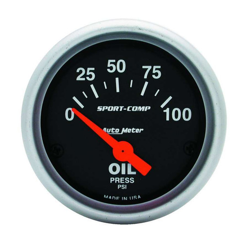 Oil Pressure Gauge - Sport-Comp - 0-100 psi - Electric - Analog - Short Sweep - 2-1/16 in Diameter - Black Face - Each