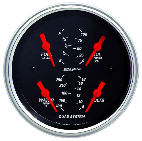 Combination Gauge - Designer Black - Quad - Analog - Fuel Level / Oil Pressure / Voltmeter / Water Temperature - 3-3/8 in Diameter - Black Face - Each