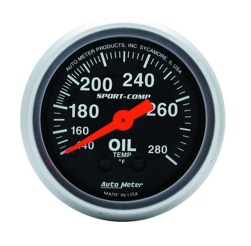 Oil Temperature Gauge - Sport-Comp - 140-280 Degree F - Mechanical - Analog - Full Sweep - 2-1/16 in Diameter - Black Face - Each