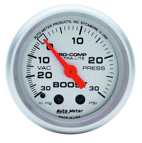 Boost / Vacuum Gauge - Ultra-Lite - 30 in HG-30 psi - Mechanical - Analog - 2-5/8 in Diameter - Silver Face - Each