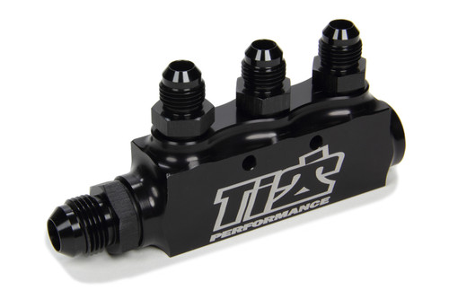 Fuel Block - Three 6 AN Female Ports - One 8 AN Female Port - Male Adapter Fittings Included - One 8 AN Male Fitting - Aluminum - Black Anodized - Each