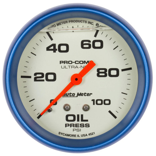 Oil Pressure Gauge - Ultra-Nite - 0-100 psi - Mechanical - Analog - Full Sweep - 2-5/8 in Diameter - Liquid Filled - White Face - Each