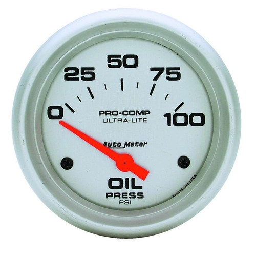 Oil Pressure Gauge - Ultra-Lite - 0-100 psi - Electric - Analog - Short Sweep - 2-5/8 in Diameter - Silver Face - Each