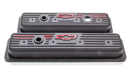 Valve Cover - Short - Baffled - Breather Hole - Bowtie Logo - Steel - Black Crinkle - Center Bolt - Small Block Chevy - Pair