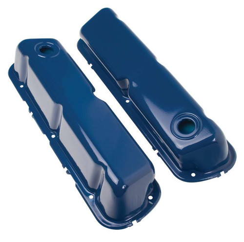 Valve Cover - Stock Height - Baffled - Breather Holes - Steel - Blue Powder Coat - Small Block Ford - Pair