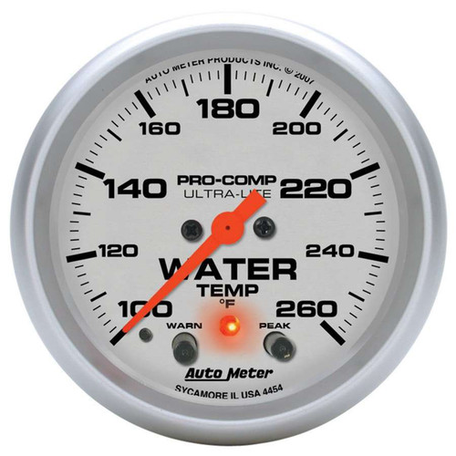 Water Temperature Gauge - Ultra-Lite - 100-260 Degree F - Electric - Analog - Full Sweep - 2-5/8 in Diameter - Peak and Warn - Silver Face - Each