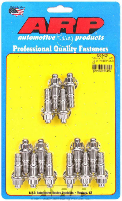Header Stud - 3/8 in Diameter - 1.67 in Long - 12 Point Nuts - Stainless - Polished - Small Block Chevy - Set of 14