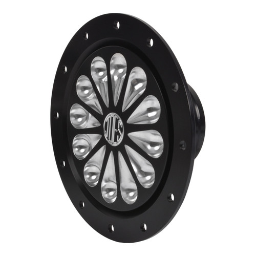Fuel Filler Cap Assembly - Screw-On Cap - Flush Remote Mount - 12-Bolt Flange - 2-1/4 in Hose Barb - Star Pattern - Aluminum - Black Anodized / Machined - Kit