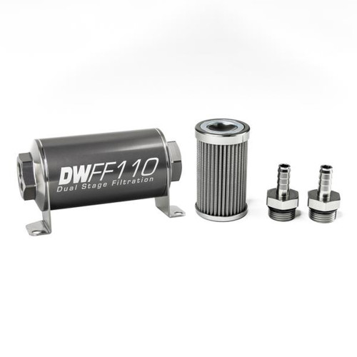 Fuel Filter - In-Line - 100 Micron - Stainless Element - 3/8 in Male Hose Barb Inlet - 3/8 in Male Hose Barb Outlet - 110 mm Long - Aluminum - Titanium Anodized - Each