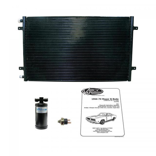 Air Conditioning Condenser - SuperFlow - Horizontal - 27 x 16 x 1 in - 6 AN / 8 AN Male O-Ring Fittings - Aluminum - Black Paint - Mopar B-Body 1966-70 - Kit