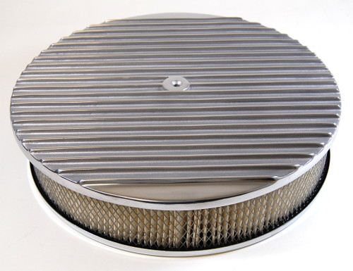 Air Cleaner Assembly - 14 in Round - 3 in Tall - 5-1/8 in Carb Flange - Raised Base - Finned - Steel - Chrome - Kit Air Cleaner Assembly - 14 in Round - 3 in Tall - 5-1/8 in Carb Flange - Raised Base - Finned - Steel - Chrome - Kit