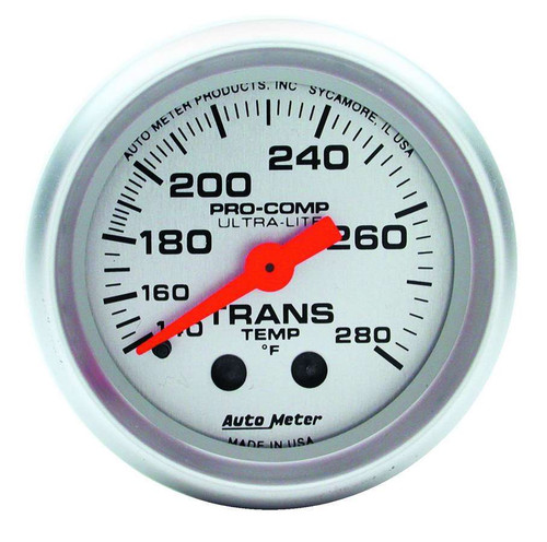 Transmission Temperature Gauge - Ultra-Lite - 140-280 Degree F - Mechanical - Analog - Full Sweep - 2-1/16 in Diameter - Silver Face - Each