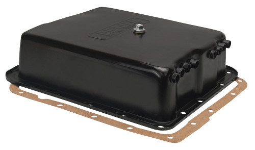 Transmission Pan - Cooling - Deep Sump - Flat - 3.688 in Deep - Adds 2.125 qt Capacity - Steel - Black Paint - 4L60E / 700R4 - Each