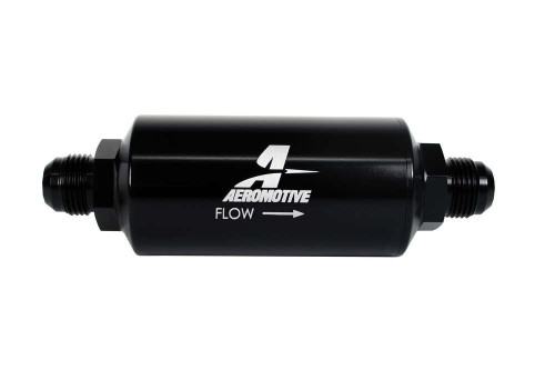 Fuel Filter - In-Line - 40 Micron - Stainless Element - 10 AN Male Inlet - 10 AN Male Outlet - Aluminum - Black Anodized - Each Fuel Filter - In-Line - 40 Micron - Stainless Element - 10 AN Male Inlet - 10 AN Male Outlet - Aluminum - Black Anodized - Each
