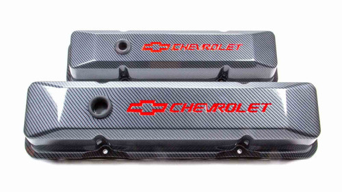 Valve Cover - Die-Cast - Tall - Baffled - Breather Hole - Recessed Chevrolet Bowtie Logo - Aluminum - Carbon Fiber Look - Small Block Chevy - Pair