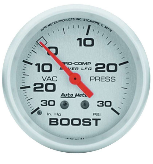 Boost / Vacuum Gauge - Ultra-Lite - 30 in HG-30 psi - Mechanical - Analog - 2-5/8 in Diameter - Liquid Filled - Silver Face - Each