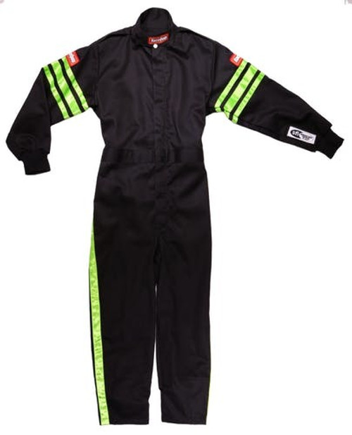 Driving Suit - Pro-1 - 1-Piece - SFI 3.2A/1 - Single Layer - Fire Retardant Cotton - Black / Green Stripe - Youth Medium - Each