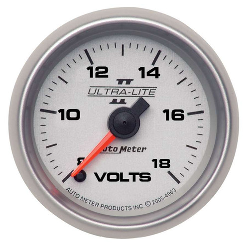 Voltmeter - Ultra-Lite II - 8-18V - Electric - Analog - Full Sweep - 2-1/16 in Diameter - Silver Face - Each
