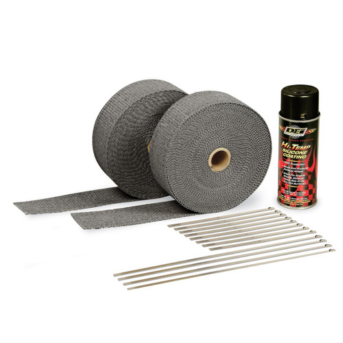 Exhaust Wrap Kit - Automotive - 2 in Wide - Two 50 ft Rolls - Silicone Coating - Stainless Locking Ties - Woven Fiberglass - Black - Kit