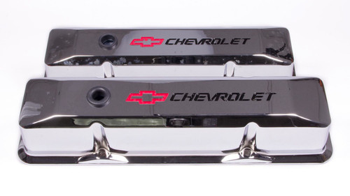 Valve Cover - Die-Cast - Tall - Baffled - Breather Hole - Recessed Chevrolet Bowtie Logo - Aluminum - Chrome - Small Block Chevy - Pair
