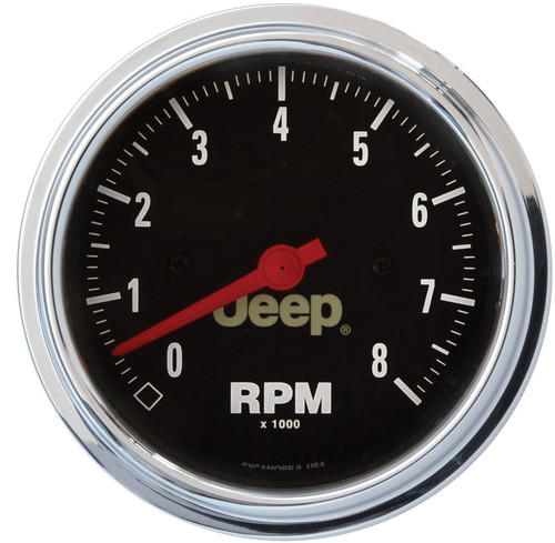 Tachometer - Jeep - 8000 RPM - Electric - Analog - 3-3/8 in Diameter - Jeep Logo - Dash Mount - Black Face - Each