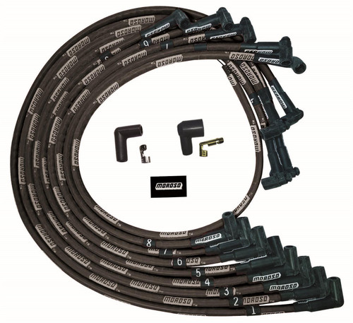 Spark Plug Wire Set - Ultra - Spiral Core - 8 mm - Sleeved - Black - 90 Degree Plug Boots - HEI Style Terminal - Under The Header - Small Block Chevy - Kit