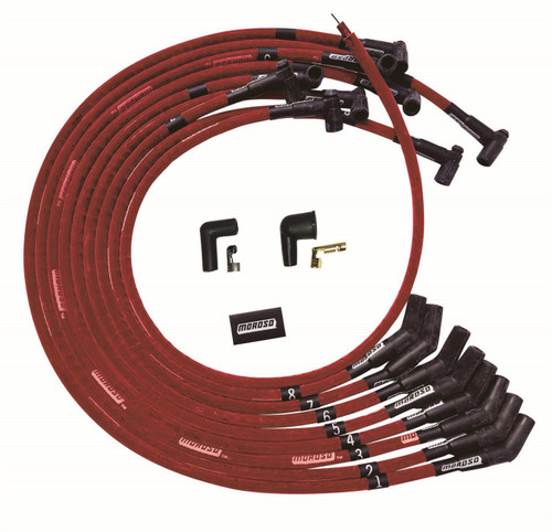 Spark Plug Wire Set - Ultra - Spiral Core - 8 mm - Sleeved - Red - 135 Degree Plug Boots - HEI Style Terminal - Under The Header - Big Block Chevy - Kit