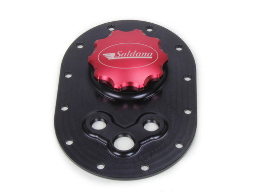 Fuel Cell Filler Plate - Screw-On Cap - 4 x 6 in Oval 12-Bolt Flange - Three 6 AN Female Ports - Aluminum - Black Anodized - Kit