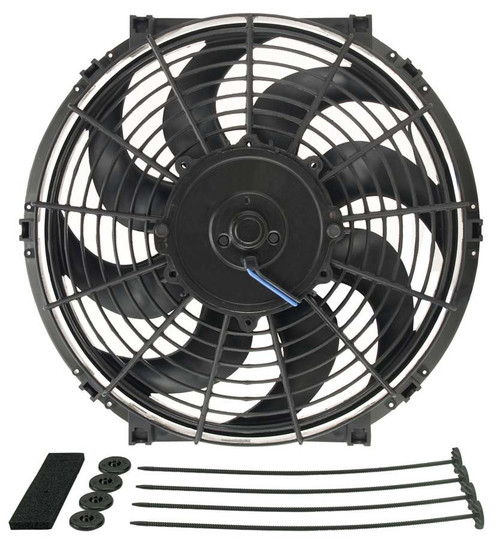 Electric Cooling Fan - Tornado - 12 in Fan - Push / Pull - 880 CFM - 12V - Curved Blade - 11-1/2 x 12-1/2 in - 2-1/2 in Thick - Install Kit - Plastic - Kit