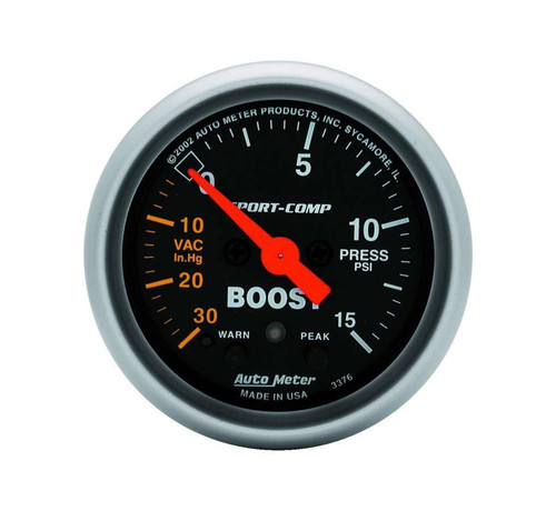 Boost / Vacuum Gauge - Sport-Comp - 30 in HG-15 psi - Electric - Analog - Full Sleep - 2-1/16 in Diameter - Peak and Warn - Black Face - Each