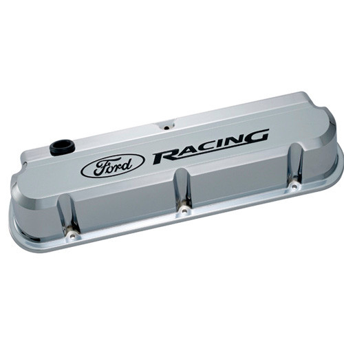 Valve Cover - Slant-Edge - Tall - Baffled - Breather Hole - Recessed Ford Racing Logo - Aluminum - Chrome - Small Block Ford - Pair