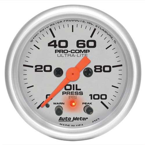 Oil Pressure Gauge - Ultra-Lite - 0-100 psi - Electric - Analog - Full Sweep - 2-1/16 in Diameter - Peak and Warn - Silver Face - Each
