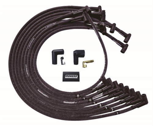 Spark Plug Wire Set - Ultra - Spiral Core - 8 mm - Sleeved - Black - 90 Degree Plug Boots - HEI Style Terminal - Under The Header - Big Block Chevy - Kit