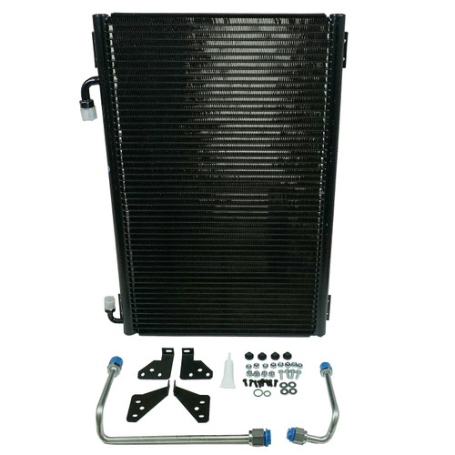 Air Conditioning Condenser - SuperFlow - Vertical - 14 x 20.75 x 0.75 in - 6 AN / 8 AN Male Fittings - Bracket / Lines - Aluminum - Black Paint - Ford Passenger Car 1932-34 - Kit