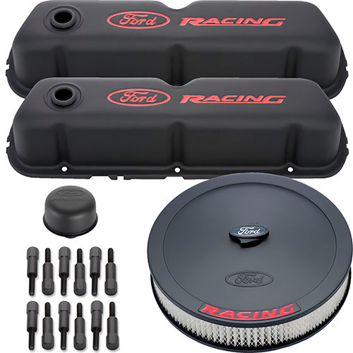 Engine Dress Up Kit - Air Cleaner / Tall Valve Covers / Breather / Hardware - Ford Racing Logo - Steel - Black Crinkle - Small Block Ford - Kit