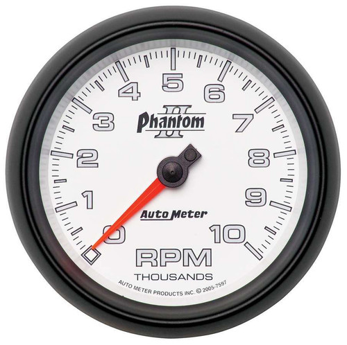 Tachometer - Phantom II - 10000 RPM - Electric - Analog - 3-3/8 in Diameter - Dash Mount - White Face - Each