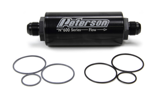 Fuel Filter - 600 Series - In-Line - 60 Micron - Stainless Element - 10 AN Male Inlet - 10 AN Male Outlet - Aluminum - Black Anodized - Each