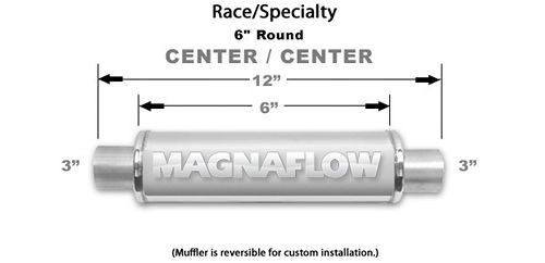 Muffler - Race Series - 3 in Center Inlet - 3 in Center Outlet - 6 x 6 in Round Body - 12 in Long - Stainless - Polished - Universal - Each