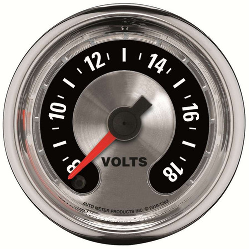 Voltmeter - American Muscle - 8-18V - Electric - Analog - Full Sweep - 2-1/16 in Diameter - Brushed / Black Face - Each