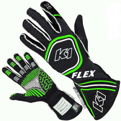 Driving Gloves - Flex - SFI 3.3/5 - FIA Approved - Double Layer - Nomex - Silicone Palm - Black / Green - Medium - Each