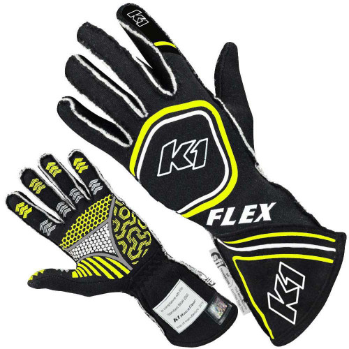 Driving Gloves - Flex - SFI 3.3/5 - FIA Approved - Double Layer - Nomex - Silicone Palm - Black / Yellow - Large - Each