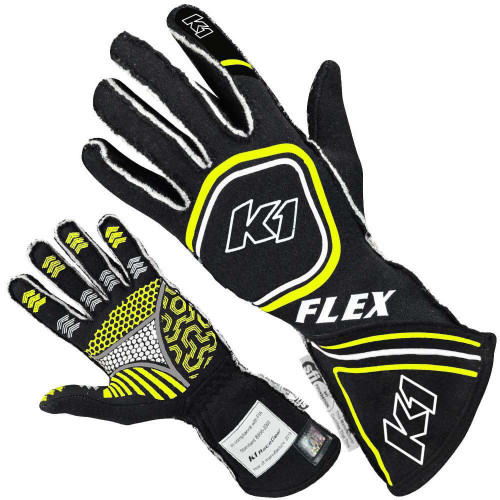 Driving Gloves - Flex - SFI 3.3/5 - FIA Approved - Double Layer - Nomex - Silicone Palm - Black / Yellow - X-Large - Each