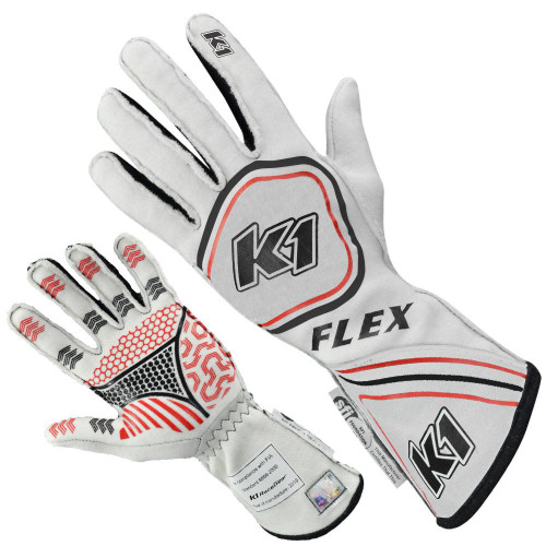 Driving Gloves - Flex - SFI 3.3/5 - FIA Approved - Double Layer - Nomex - Silicone Palm - Red / White - Medium - Each