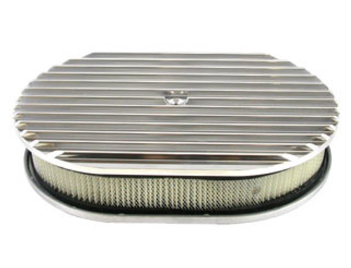 Air Cleaner Assembly - 12 in Oval - 2 in Tall - 5-1/8 in Carb Flange - Raised Base - Finned - Aluminum - Polished - Kit Air Cleaner Assembly - 12 in Oval - 2 in Tall - 5-1/8 in Carb Flange - Raised Base - Finned - Aluminum - Polished - Kit