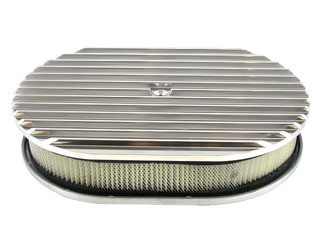 Air Cleaner Assembly - 12 in Oval - 2 in Tall - 5-1/8 in Carb Flange - Raised Base - Finned - Aluminum - Polished - Kit
