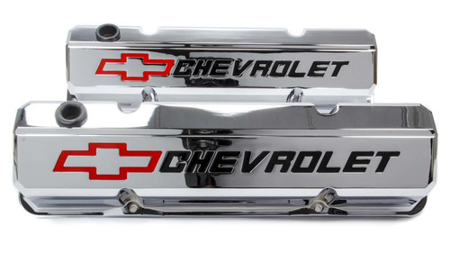 Valve Cover - Slant-Edge - Tall - Baffled - Breather Hole - Recessed Chevrolet Bowtie Logo - Aluminum - Chrome - Small Block Chevy - Pair