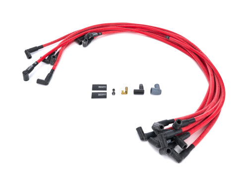Spark Plug Wire Set - High Performance - Spiral Core - 10 mm - Red - 90 Degree Plug Boots - HEI Style - Around Front of Engine - Small Block Chevy - Kit