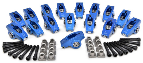 Rocker Arm - Pedestal Mount - 1.6/1.7 Ratio - Full Roller - Aluminum - Blue Anodized - Small Block Ford - Kit