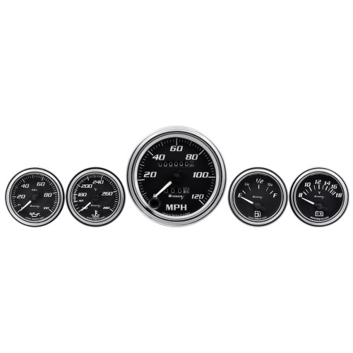 Gauge Kit - 7000 Classic Series - Analog - Fuel Level / Oil Pressure / Speedometer / Voltmeter / Water Temperature - 3-3/8 in / 2 in Diameter - Black Face - Kit